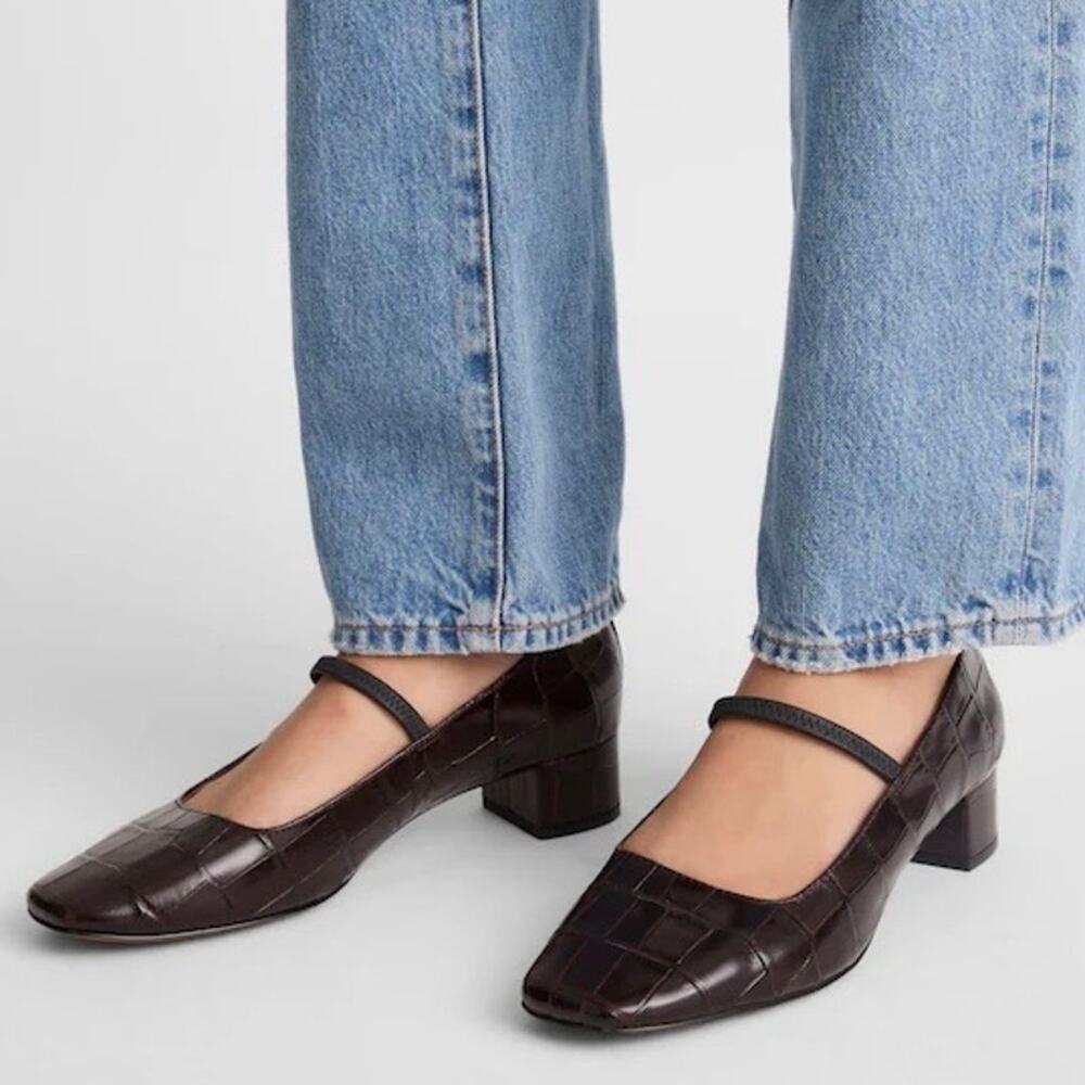 NIB Madewell The Greta Mary Jane Pump Coffe Bean Croc Leather Block Heel - 6.5